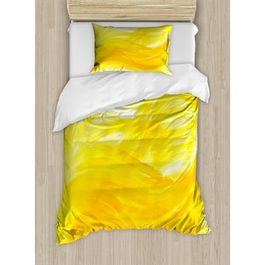 Yellow and White Duvet Cover Set Twin Size, Painting Style Brushstroke Twist Abstract Artistic Monochrome Wave, Decorative 2 Piece Bedding Set with 1 Pillow Sham, Yellow Marigold, by Ambesonne