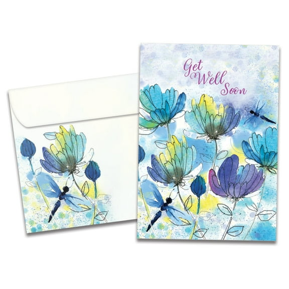 Tree-Free Greetings Get Well Greeting Card, 5 x 7, Blue Floral Dragonflies (GO69822)