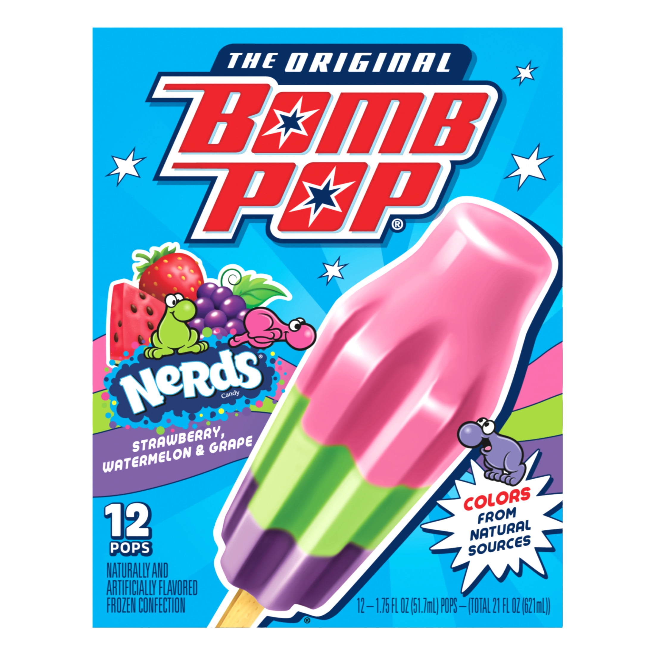 Bomb Pop NERDS Freeze Ice Pop, Frozen Freezer Dessert, 12 Pack