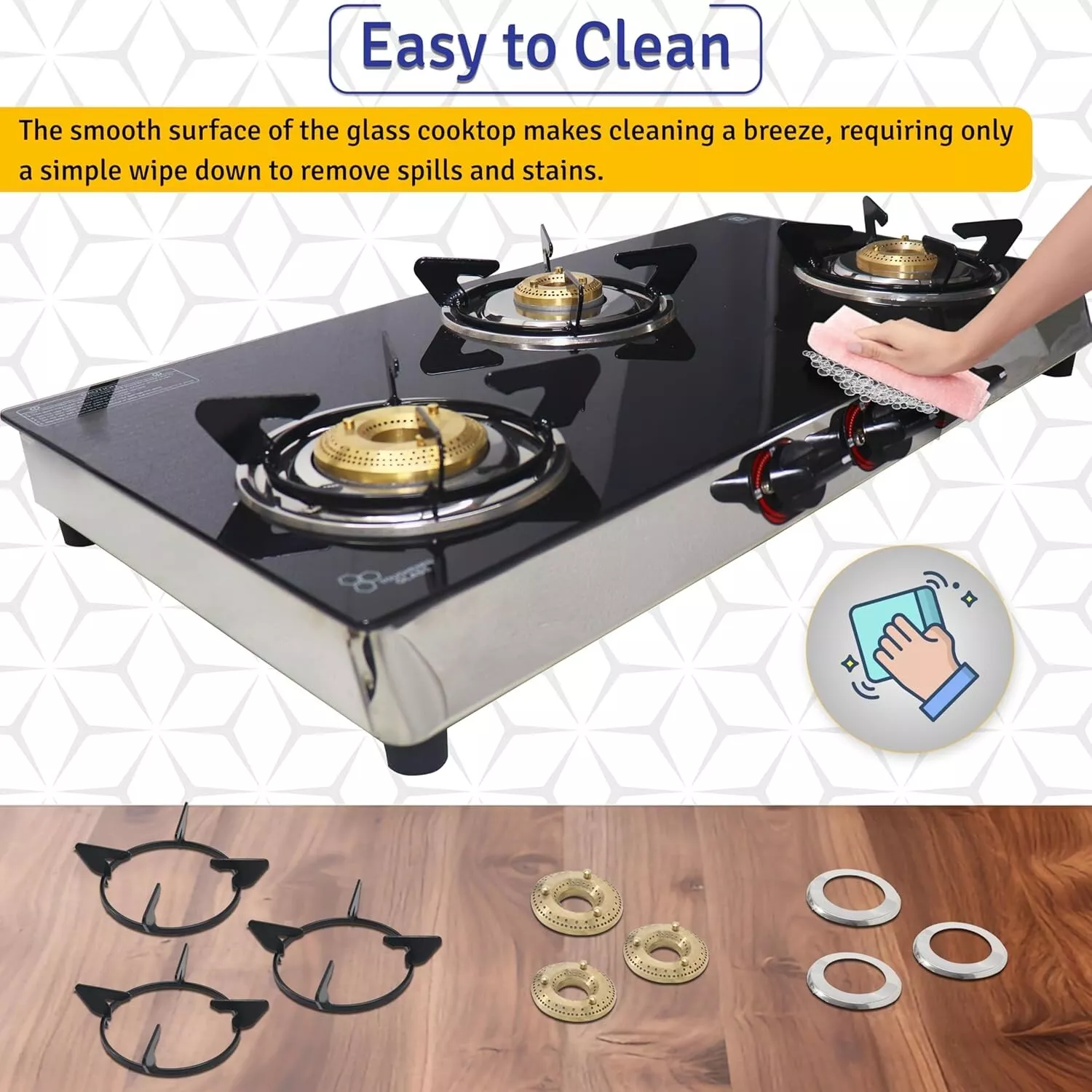 3 Burner Propane Stove - 30" Black Tempered Glass Counter Top Stove Gas Camping Stove with Stainless Steel Base 3 Burner Gas Stove Top for Cooking Range Gas kitchen Stove, with Hose & Regulator