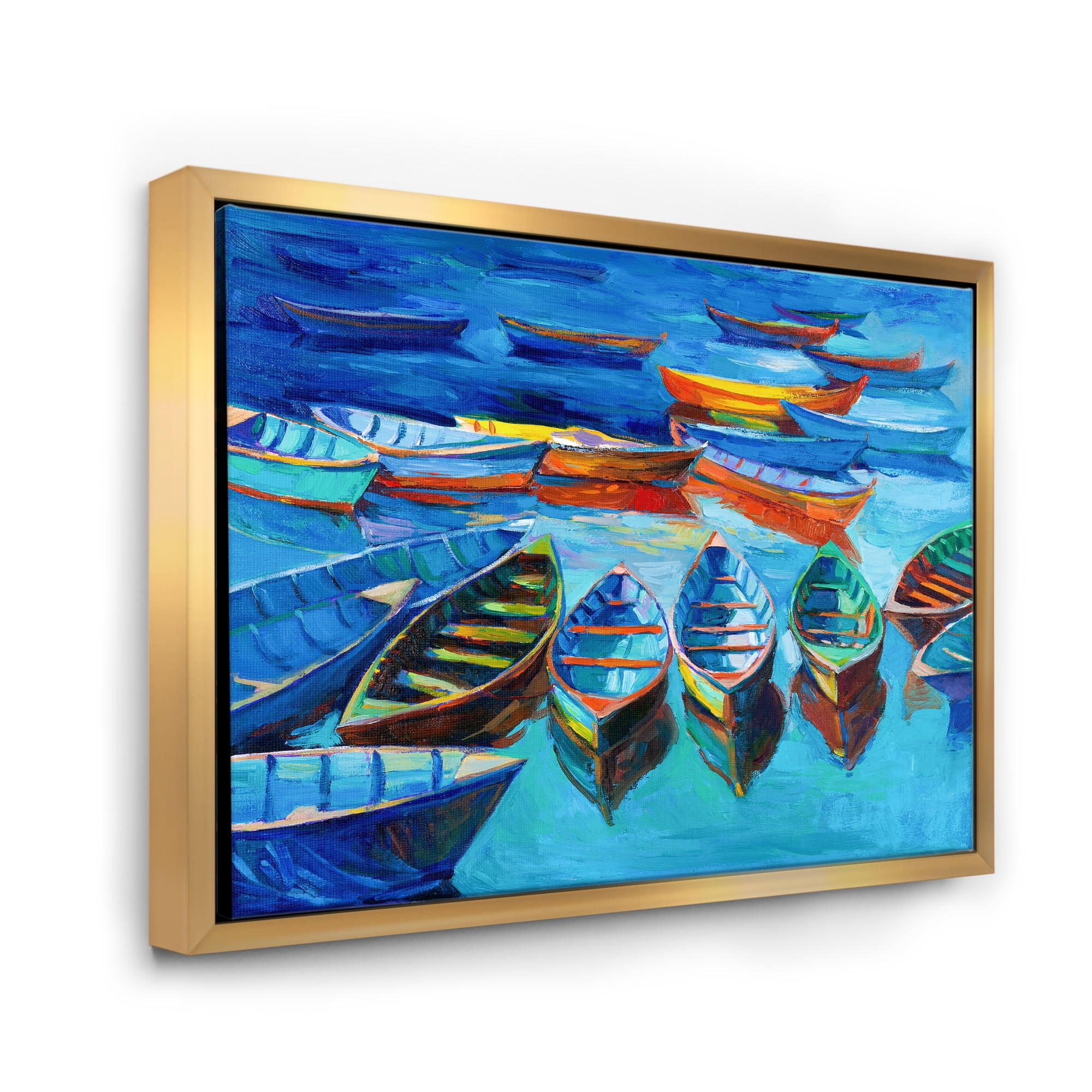 Designart 'Little Boats Wating In The Blue Harbour' Nautical & Coastal Framed Canvas Wall Art Print