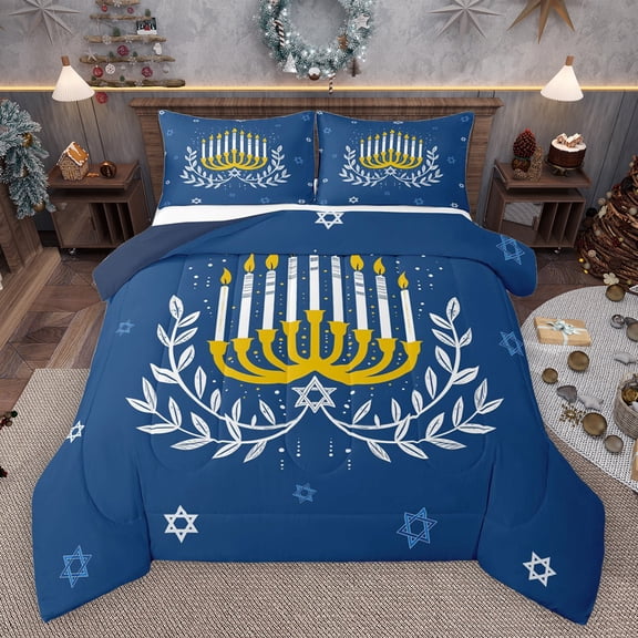 Feelyou Child Happy Hanukkah Bedding Comforter Set, Western David Star Twin Comforter Sets, Olive Branch Botanical Reversible Bedding Set, Ultra Soft Bedroom Decor, 2 Pieces