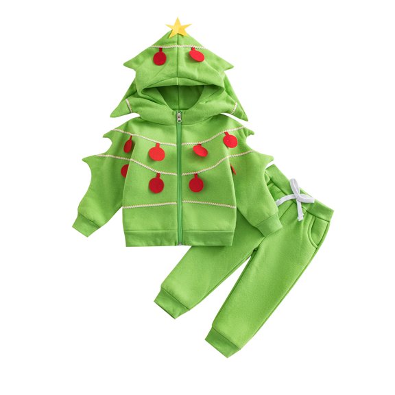 LRen Little Boy Fall Outfit Christmas Tree Zipper Long Sleeve Hoodie Sweatshirt and Elastic Pants Toddler 2Pcs Fall Winter Clothes,4Y,Green