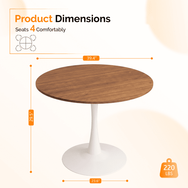 Round Tulip Dining Table for 4 People, Melamine Laminated MDF Tabletop with Metal Pedestal Base, Easy Assembly Modern Kitchen Dinner Table, 39.4"X39.4"X29.5"