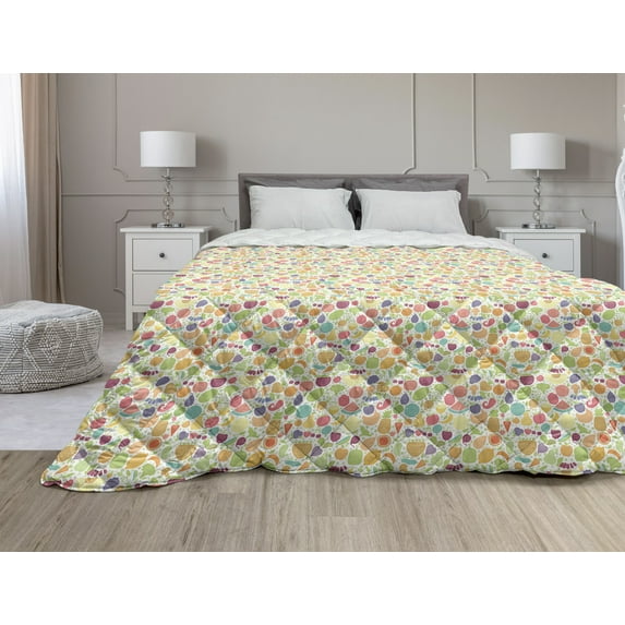 Vegetables Down Alternative Comforter, Continuous Foods Pattern with Sketchy Hatched Broccoli Print, Microfiber Quilt for All Season, 5 Sizes, Fern Green Pale Green, by Ambesonne