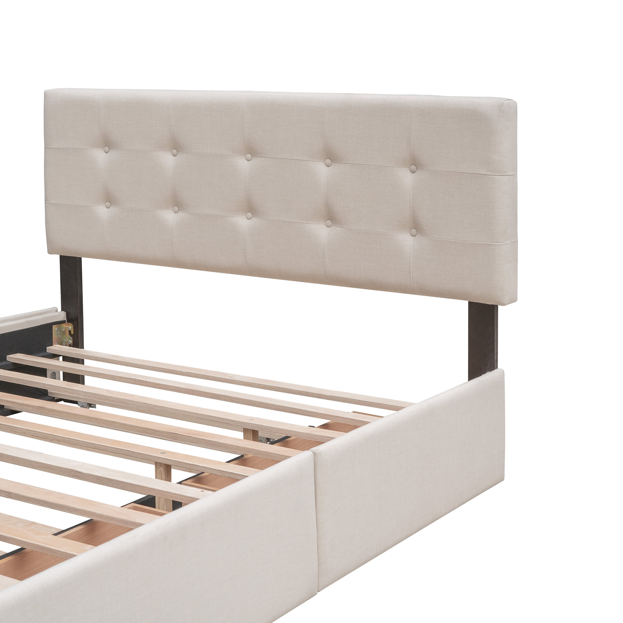 Aukfa Queen Upholstered Platform Bed with Twin XL Trundle and 2 Storage Drawers, Linen Fabric Tufted Headboard & Footboard, Beige