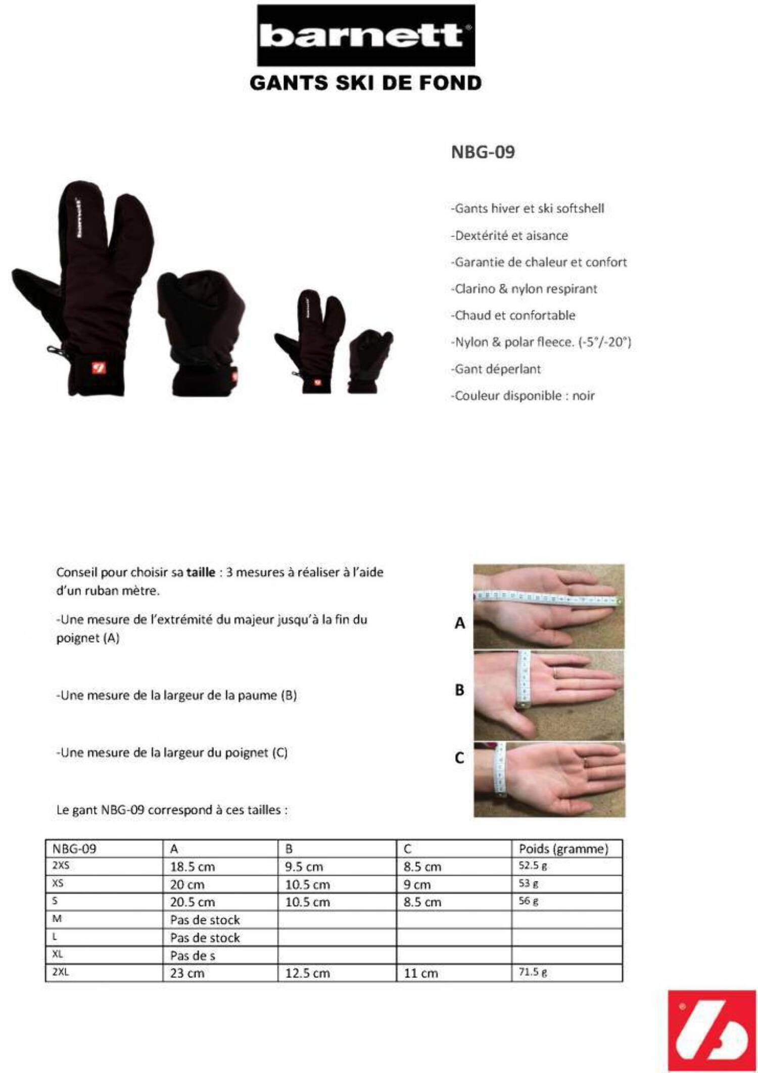 Barnett NBG-09 Barnett 3 Split Fingers, Ski Mitts InSoftshell, Black, S