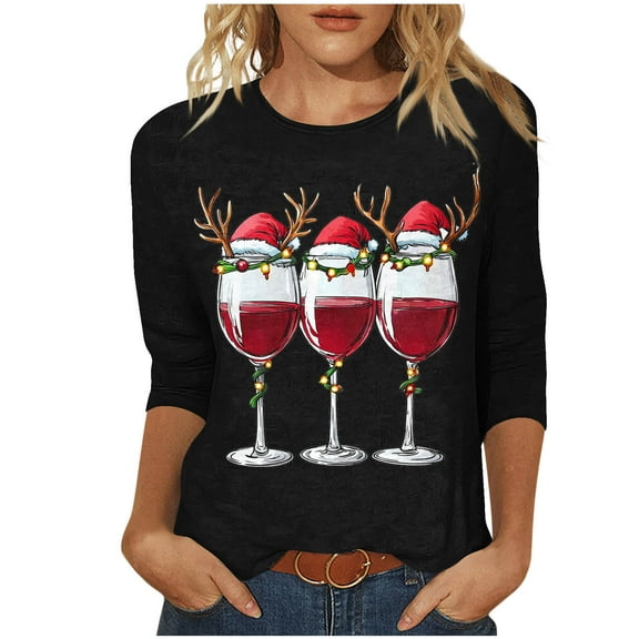 Maplenight Christmas Shirts for Women Trendy 3/4 Length Sleeve Tunic Blouses Wine Glass Print Holiday Tops Crew Neck Graphic Tees