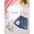 thumbnail image 2 of Girls Summer Outfit Sets 2 Piece Short Sleeve Graphic T-shirt & Raw Hem Denim Skirt Spring Summer Casual Girls' Clothing Sets (LA-White 2T-3T), 2 of 7