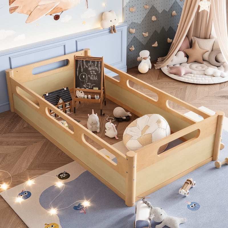 URTR Twin Size Floor Bed with High-Quality Safety Full-length Guardrails, Low Profile Wooden Montessori Platform Bed Frame, Heavy Duty Safety Bed, No Box Spring Needed, Natural