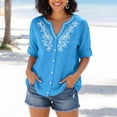 thumbnail image 7 of Xdegoge Womens Boho Floral Embroidered Blouse Cotton Linen V Neck Button Down Tunic Top Short Sleeve Rolled Cuff Loose Fit Casual Summer Vacation Work Shirts, 7 of 7