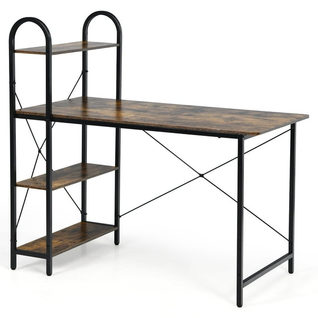 Giantex Bureau d'Ordinateur avec Étagère de Rangement Réversible, Table d'Écriture Robuste pour Portable de 48 Pouces, Grand Poste de Travail pour Bureau à Domicile, Brun