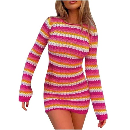 

COBKK Womens Dresses Party Long Sleeve Round-Neck Dress Women s Woolen One-piece Dress New Stripe Backless Long Sleeve Knitted Tight Hip Wrap Skirt Dresses For Women Vacation Red XL