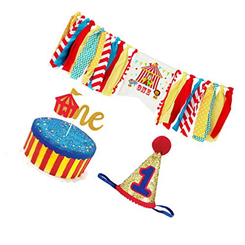 Banner,hat Cake Topper Amosfun 1st Birthday High Chair ONE Banner Circus Theme Party Banner Baby Birthday Party Supplies for Baby Shower Party Favor
