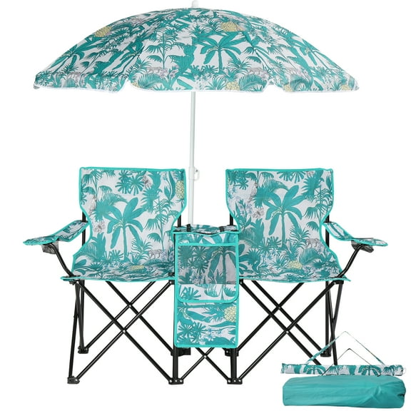 BAYUELSWU Folding Double Camping Chair w/ Removable Umbrella, 2 Person Beach Chair with Cooler Table, Two Cup Holder, Carrying Bag, Portable Camping Chair for Beach, Patio, Pool, Park (Pineapple)