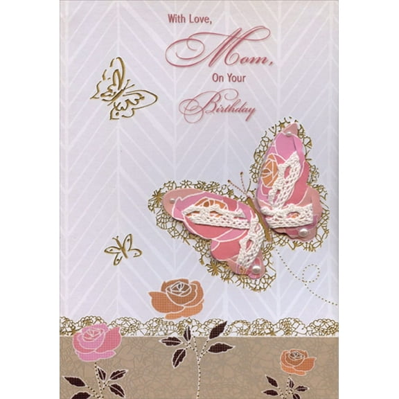 Designer Greetings 3D Tip On Pink Butterfly with White Fabric Hand Decorated Designer Boutique Keepsake Birthday Card for Mom