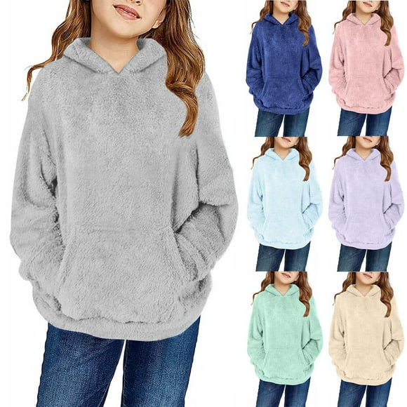 Meichang Girls Fuzzy Fleece Hoodies Winter Warm Long Sleeve Hooded Sweatshirts Oversized Hoodie Casual Sweatshirt Sherpa Pullover with Pocket