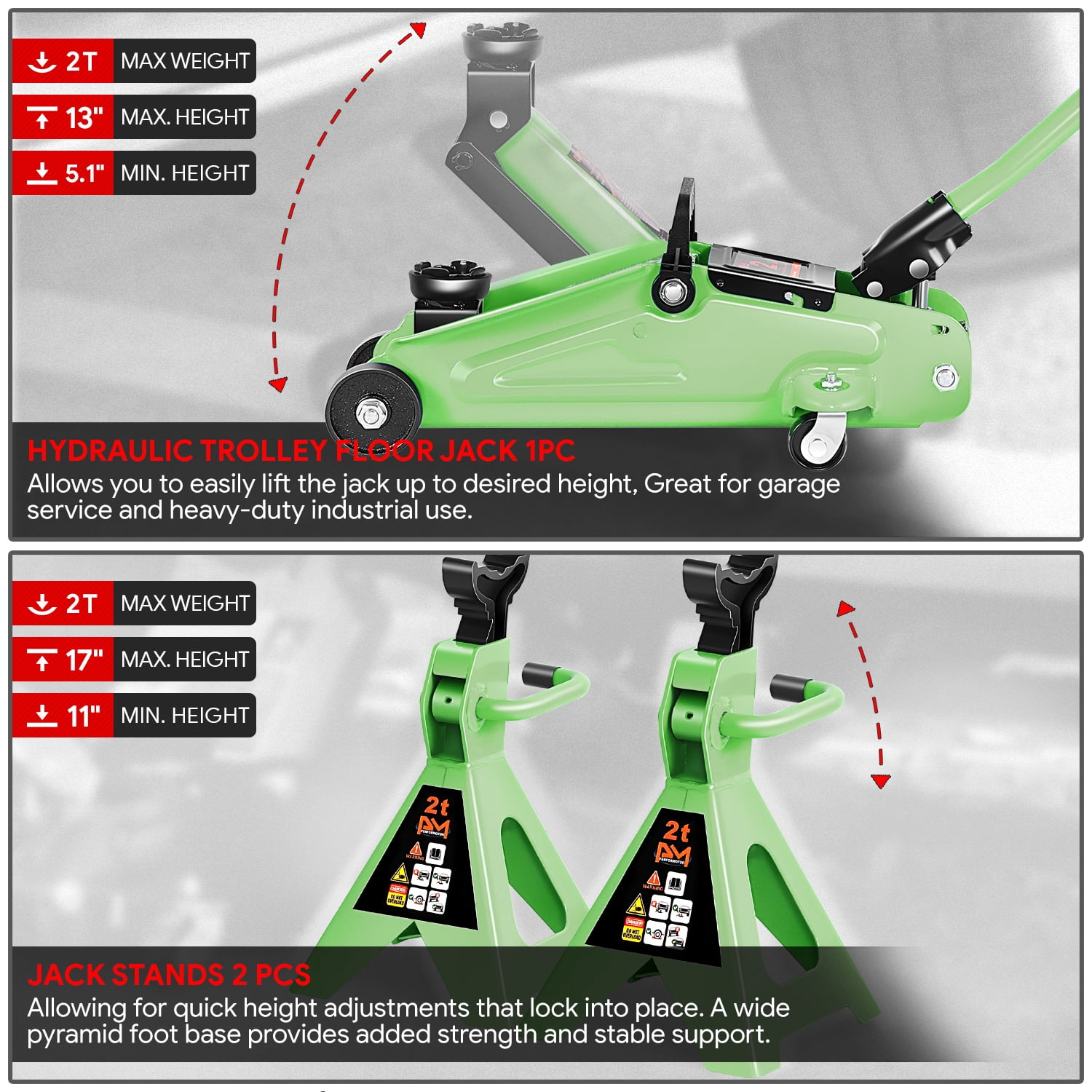 2 Ton 4000 lbs Hydraulic Trolley Floor Lift Jack Stands Combo Lifting Car Green