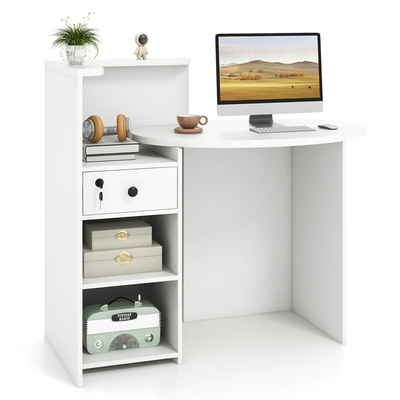 Gymax Front Reception Counter Desk Checkout Office Desk w/Open Shelf & Lockable Drawer