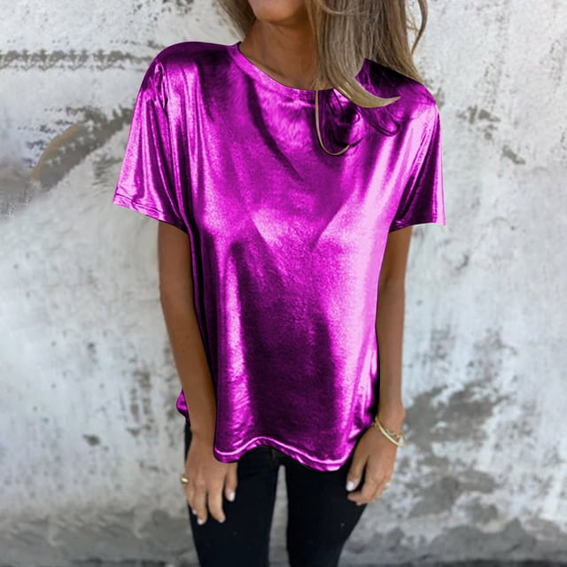 AOOCHASLIY Chemise en Satin d'Été pour Femmes, Col Rond, Manches Courtes, Décontractée, Mode Fête des Mères
