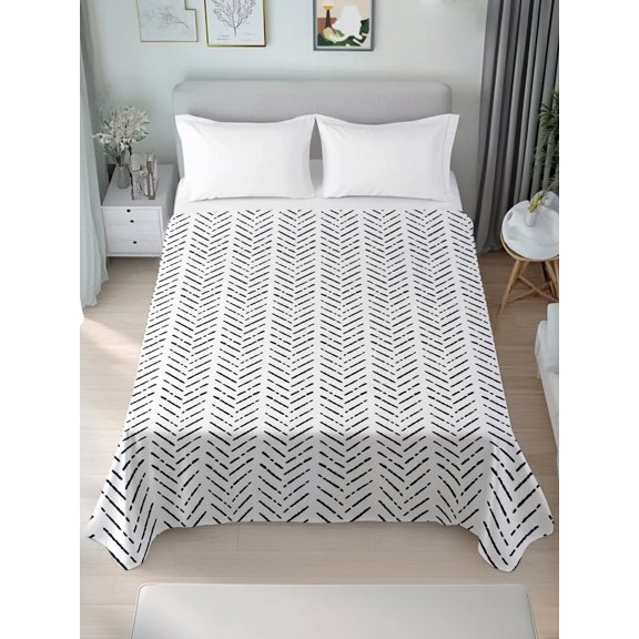 Queen Size Flat Sheet Only,Minimalist Stripe Chevron Art Soft Top Bed Sheets Breathable Bedding Sheet Modern Black Line on White Microfiber Hotel Luxury Top Sheets