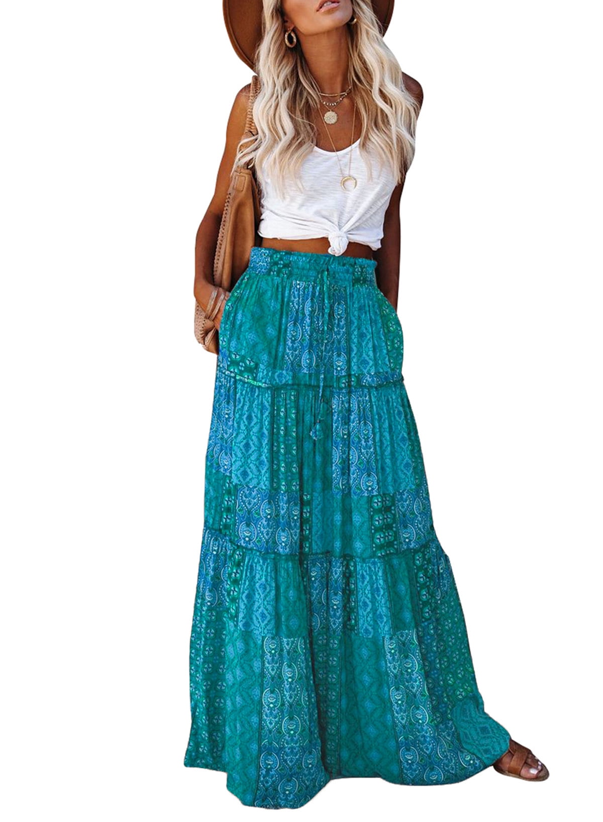 Astylish Green Womens Vintage Maxi Skirt with Pockets Paisley Print ...