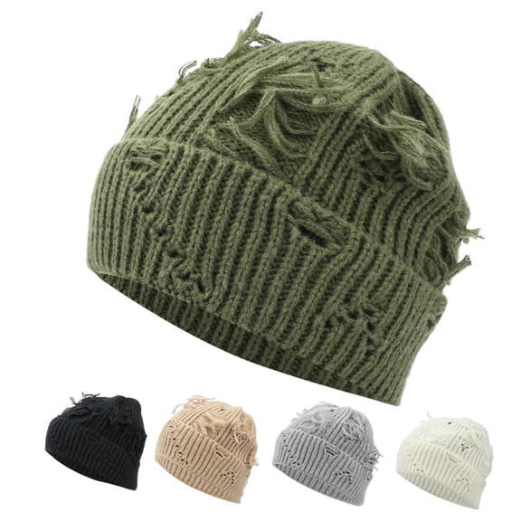 UTSJKR Unisex Winter Beanie Hat, Distressed Knit Skull Cap, Plain Cuff, Slouchy Ripped Style Knit Cuffed Beanies Army Green