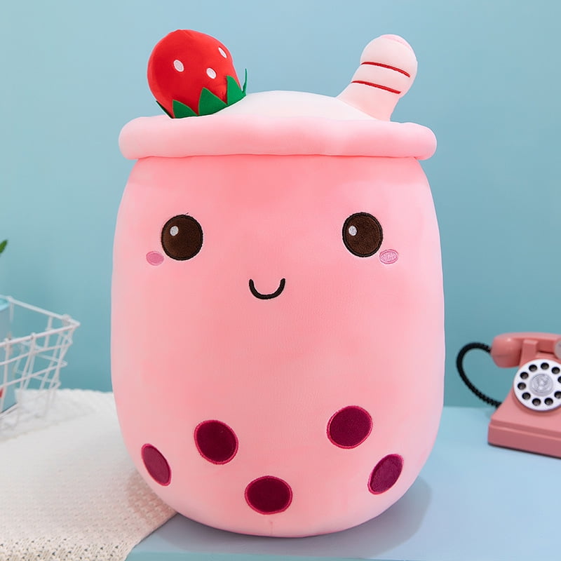 Cute Boba Tea Plush Stuffed Bubble Tea Plushie Cartoon Soft Strawberry Milk  Tea Cup Fruit Pillow Home Hugging Gift for Kids Big Eyes,25CM 