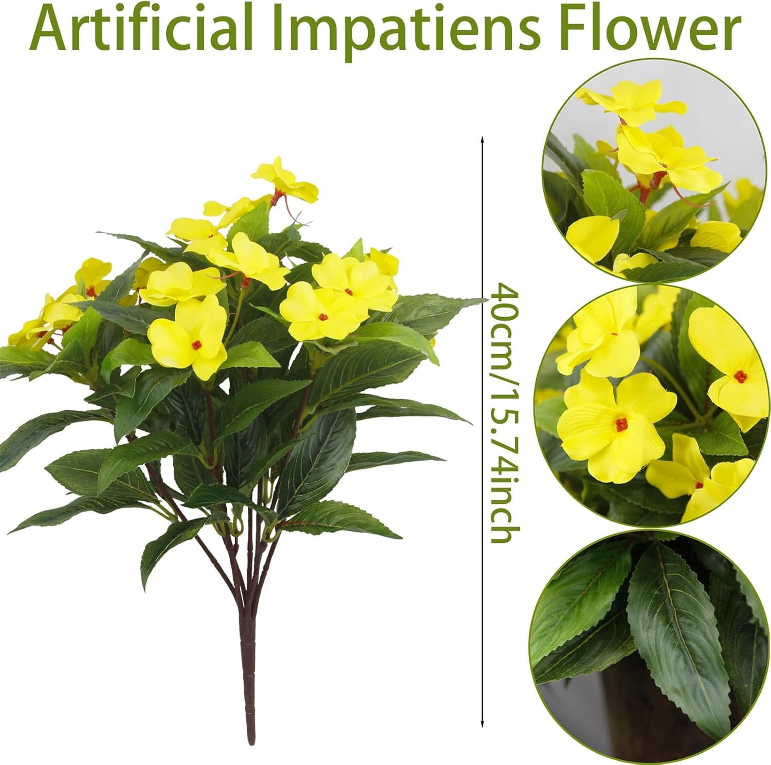 Artificial Impatiens Flowers 4 Pcs 7 Branches Faux Impatiens Bushes Silk Impatiens Bouquet Faux Flower Outdoor UV Resistant Fake Plants for Patio Lawn Garden Pot Hanging Basket Porch Decor,Yellow