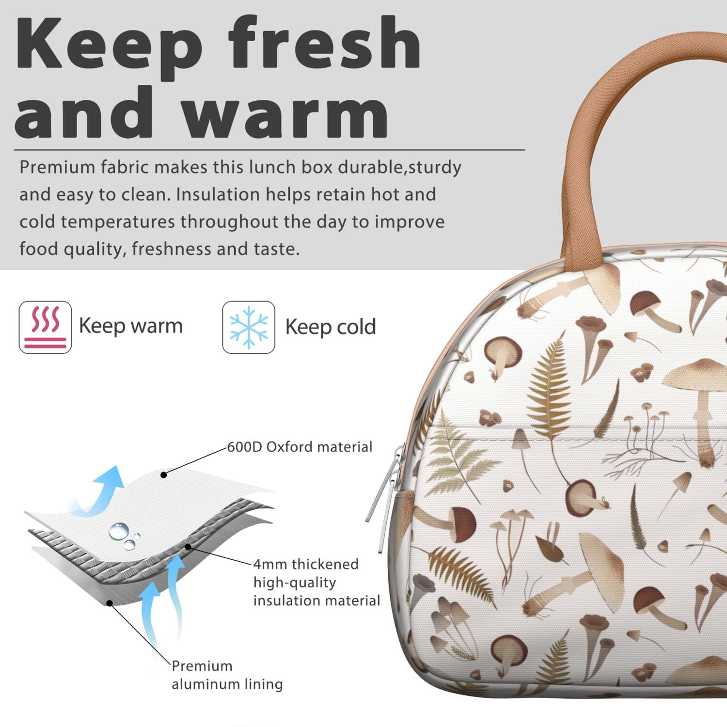 Vintage Mushroom Lunch Box – Reusable Insulated Bag with Botanical Fungi Design, Ideal for Work or Outdoors
