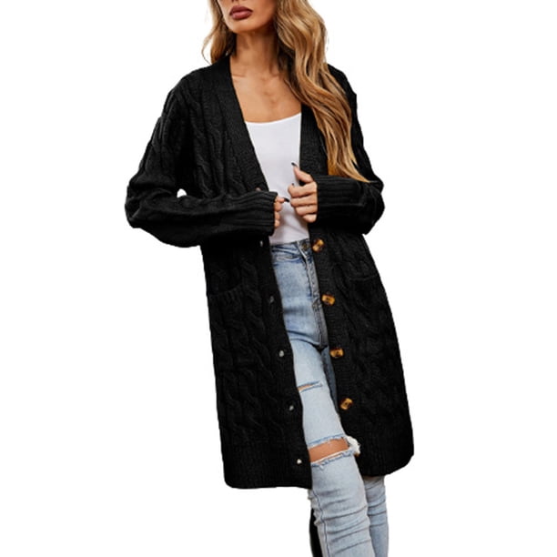 Abrigo informal de otoño e invierno para mujer, botones de manga larga, cárdigan largo liso, suéter con bolsillo Fridja hkj1488