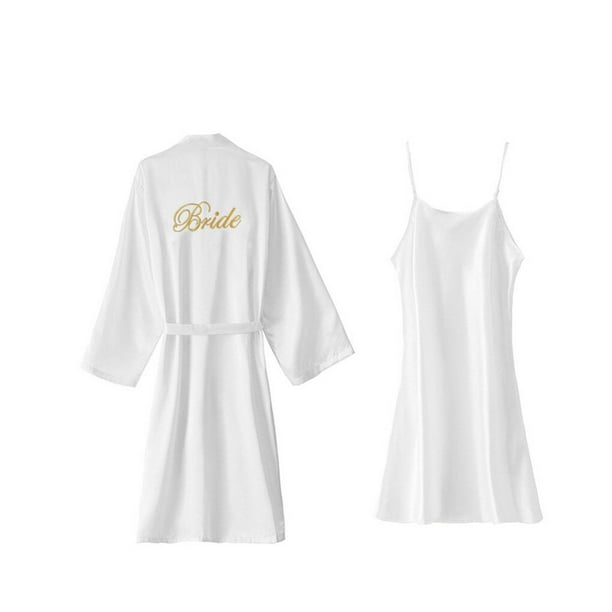 Bride Robe with Letters Embroidery Dressing Gown Kimono Satin Pajamas