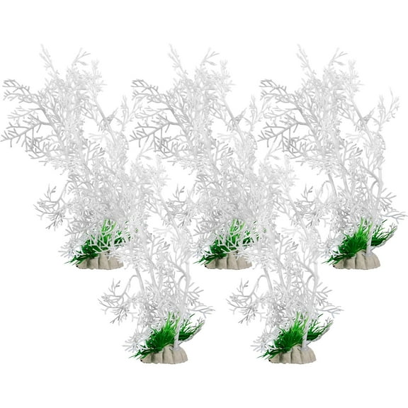 FENGGUIQU 5-Pack Artificial Aquarium Plants, White Tall Plastic Fish Tank Decorations, , Natural Style Indoor Aquarium Accessories