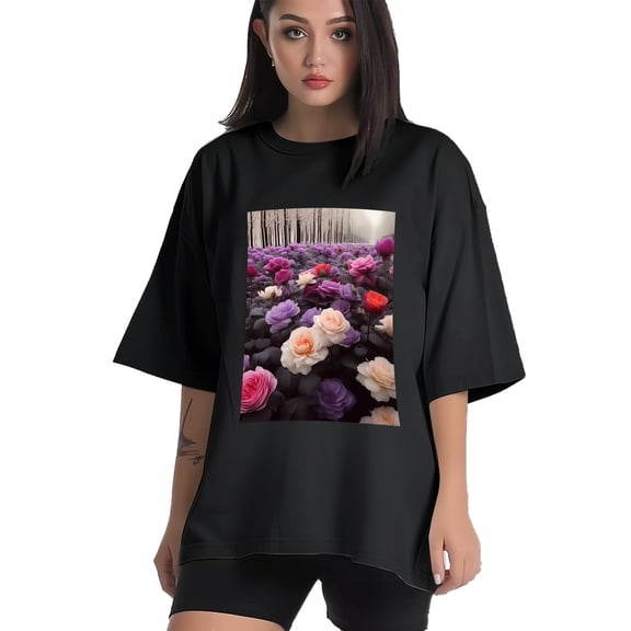 Plus Size Shirt for Women Black Tops for Women Short Sleeves Shirt for Women Flowers2 T Shirt Crewneck Shirt for Women XS
