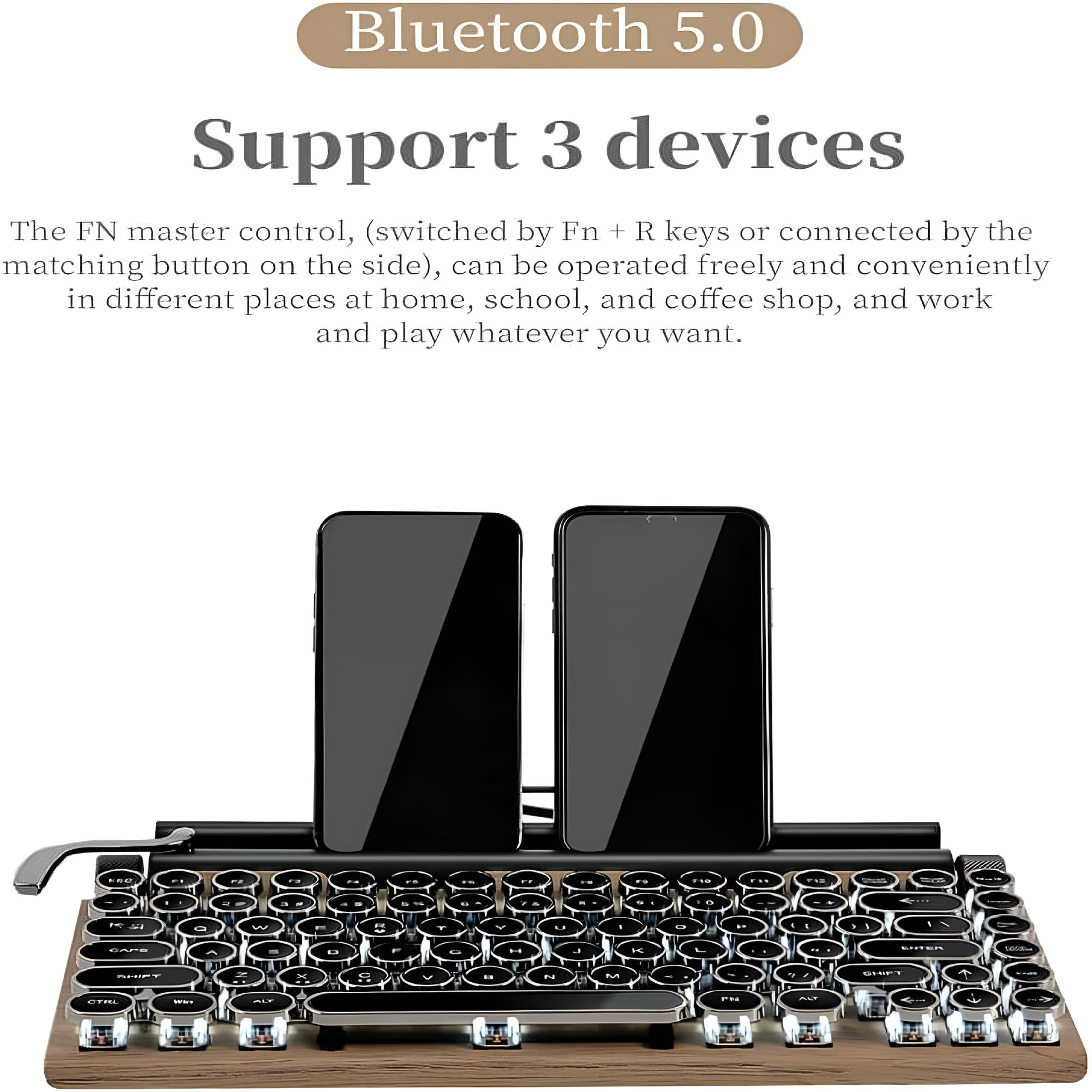 GJX 83-Key Typewriter Keyboard, Retro Style Wireless Bluetooth Keyboard Classical Punk Round Keys LED Backlight Mechanical Keyboard for Mac/Tablet/PC, Wood Color