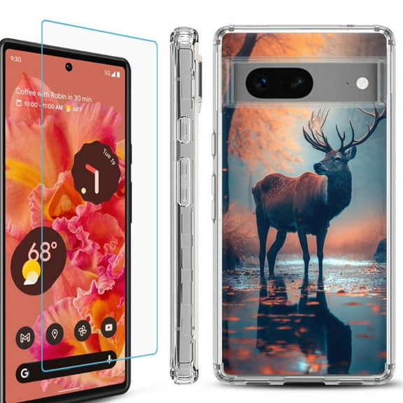 OneToughShield ® Compatible with Google Pixel 8, Shockproof Phone Case, with Tempered Glass Screen Protector - Deer Autumn