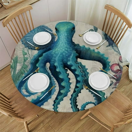 

Palnkart Octopus Seahorse Turtle Round Table Cover Stain Resistant Washable Indoor Outdoor Tablecloth Kitchen Dining Wedding Parties Outdoor Fitted 100% Polyester Fiber 54-58
