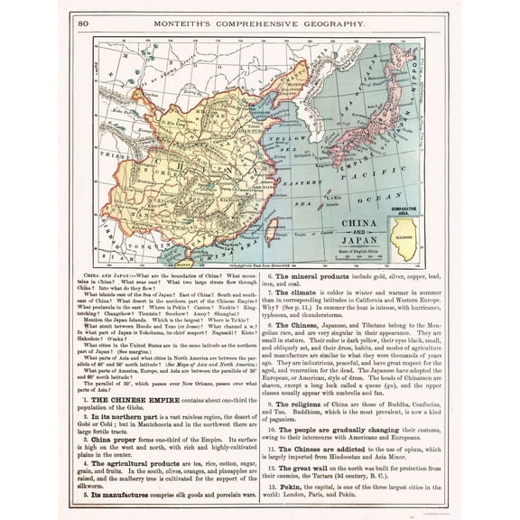 Historic Map - China Japan - Monteith 1882 - 23 x 29.60 - Vintage Wall Art
