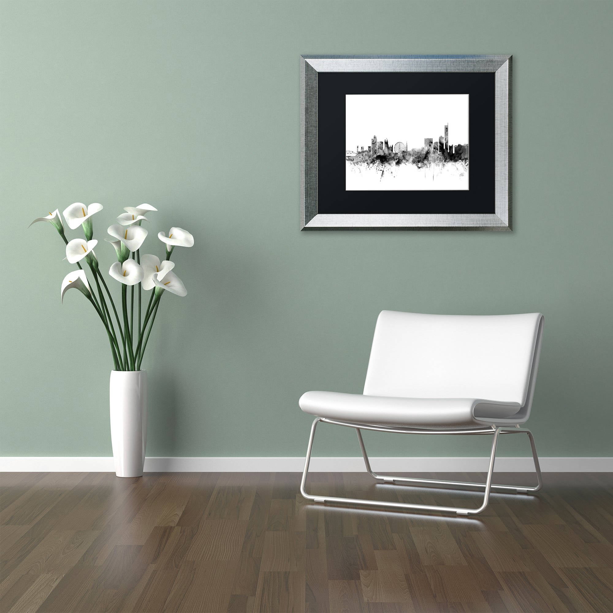 Trademark Fine Art "Manchester England Skyline B&W" Canvas Art by Michael Tompsett, Black Matte, Silver Frame