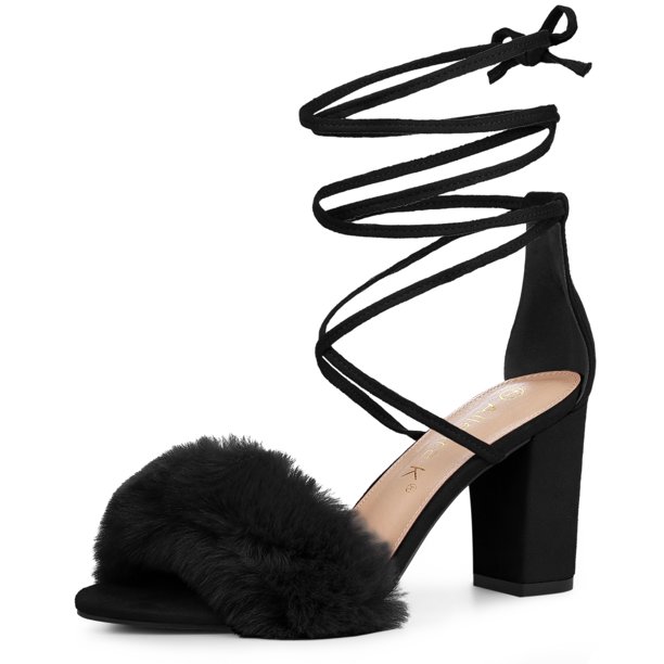Women's Faux Fur Lace Up Strappy Chunky Heels Sandals Black US 11/UK 9/EU 42