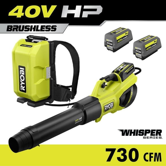 RYOBI 40V HP Brushless Whisper Series 190 MPH 730 CFM Cordless Leaf Blower Kit with Backpack Power Supply, (2) 6.0 Ah Batteries and Charger