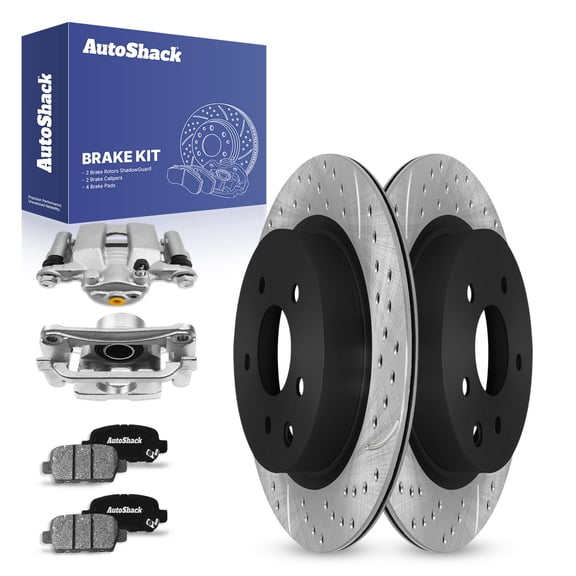 AutoShack Rear Drilled & Slotted Brake Rotors Ceramic Brake Pads Calipers | Replacement for 2007-2008 INFINITI G35 2009 M35 M45 2009 Nissan 370Z AWD RWD | E-Coated | 8-PC Brake Kit | ShadowGuard