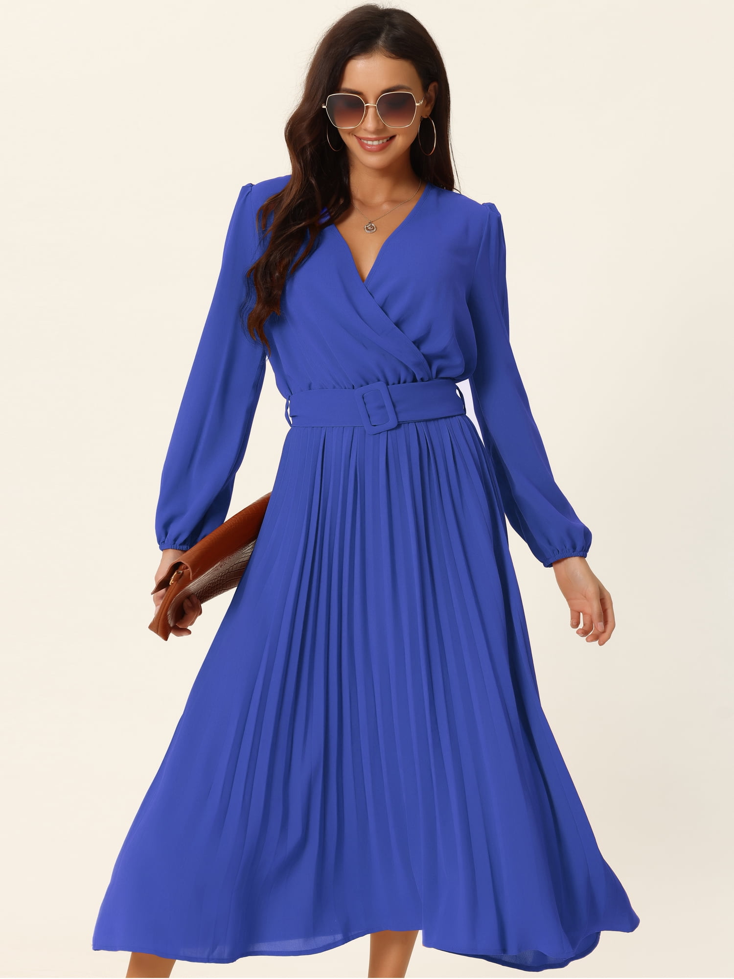 Unique Bargains Women's Long Puff Sleeve Flowy Ruffle Pleated Dress with Belt S Royal Blue