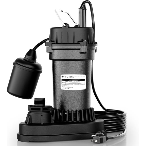 FOTING 3/4HP Submersible Sewage/Effluent Pump, 4500 GPH Cast Iron Septic Pump, 115V Automatic Tethered Float Switch, Sump Pumps for Basement, Septic Tank, Basin, Sewage Well, Sewage System
