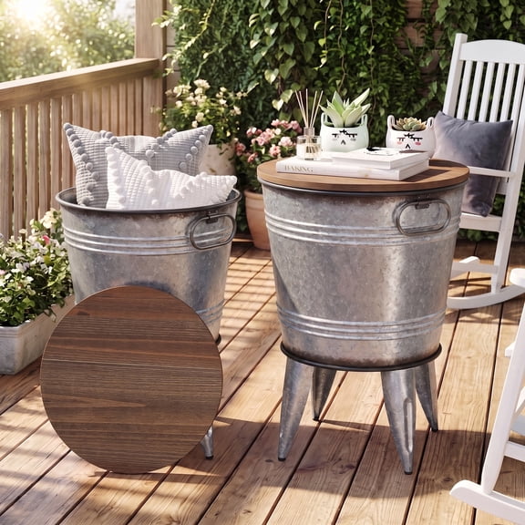 Farmhouse Round End Table Set of 2, Galvanized Accent Side Table with Metal Leg for Living Room Outdoor
