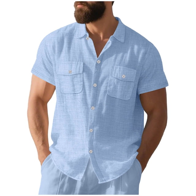 Camisetas de Manga Corta con Botón de la Solapa de los Hombres de Ajuste Suelto Cardigan de Bolsillo Moda Superior Verano Casual