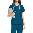 thumbnail image 1 of Ladies' Comfortable And Casual Solid Color Short Sleeved Pants Protective Suit Set Turquoise S, 1 of 2