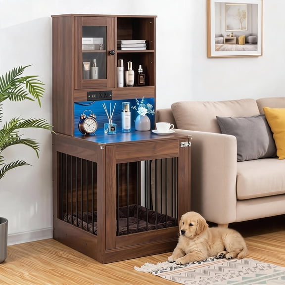 Furniture Style Wooden Dog Kennel for Small Dogs Up to 25 lbs, Indoor Pet Crate with Bedside Tabletop, Escape Proof Metal Frame, Walnut Finish