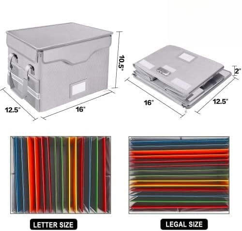 Fireproof Document Box with Lock,File Storage Organizer with Zipper Pockets,Collapsible Portable File Box Home Office Safe Filing Cabinet with Handle for Hanging Letter/Legal Folder,Silver