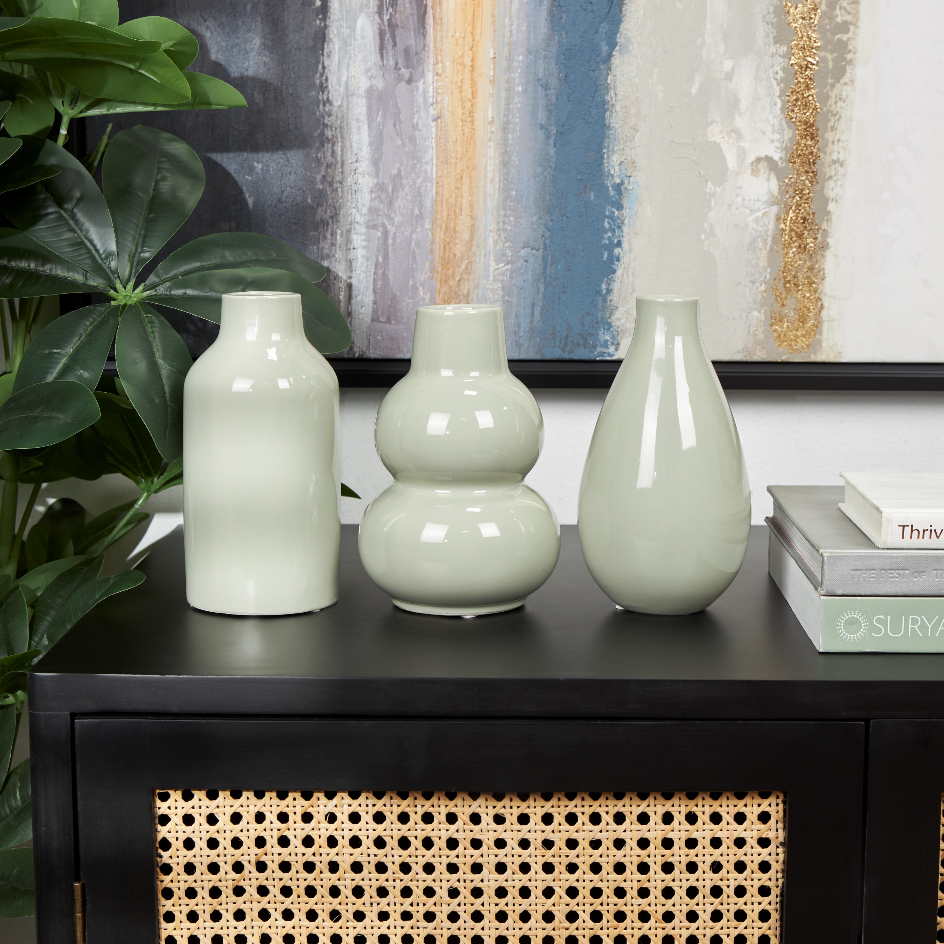 DecMode 5"W, 8"H Minimalistic Rounded Green Ceramic Vase with Varying Shapes, Set of 3